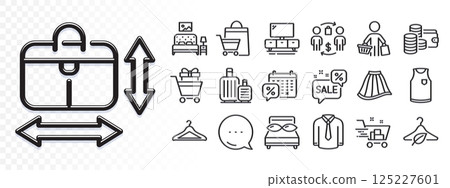 Baggage, Tv stand and Buying process line icons for web app. Glare of light effect. Message icon. Pack of Shopping trolley, Pillows, Wallet pictogram icons. Vector 125227601