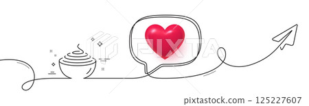 Pasta line icon. Continuous line with share plane. Spaghetti plate sign. Noodle bowl symbol. 3d heart in speech bubble. Pasta single line ribbon. Loop curve pattern. Vector 125227607