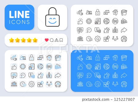 Stars, Fake news and Select alarm line icons for web app. Message, Share, Like social media icons. Pack of Security network, Info, Property agency pictogram icons. Vector 125227807