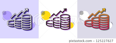 Growth chart line icon. Halftone dotted pattern. Gradient icon with grain shadow. Coins money sign. Business income symbol. Line growth chart icon. Various designs. Vector 125227827
