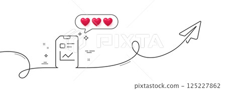 Report Document line icon. Continuous line with share plane. Analysis and Statistics File sign. Paper page concept symbol. Hearts rate review in speech bubble. Vector 125227862