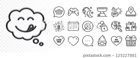 Heart, Search flight and Pin line icons for web app. Glare of light effect. Message icon. Pack of Gamepad, Spf protection, Sleep pictogram icons. Yummy smile, Insomnia, Calendar signs. Vector 125227881