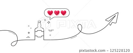 Whiskey bottle line icon. Continuous line with share plane. Scotch alcohol sign. Hearts rate review in speech bubble. Whiskey bottle single line ribbon. Loop curve pattern. Vector 125228120