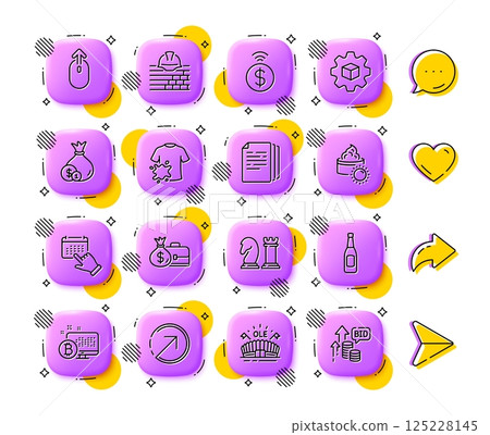 Chess, Bitcoin system and Copy documents line icons. App 3d buttons. Social media comment, share, like icons. Pack of Dirty t-shirt, Direction, Swipe up icon. Vector 125228145