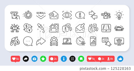 Sleep, Graph phone and Scroll down line icons pack. Social media: share, comment, like icons. Information, Laptop repair, People talking web icon. Currency exchange, Web shop, Car pictogram. Vector Sleep, Graph phone and Scroll down line icons pack. Social media: share, comment, like icons. Information, Laptop repair, People talking web icon. Currency exchange, Web shop, Car pictogram. Vector 125228163