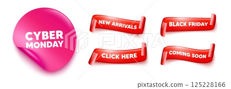 Cyber monday sticker, offer ribbons. Black friday, coming soon. Cyber Monday Sale tag. Special offer price sign. Advertising Discounts symbol. Pink sticker tag. Flag ribbon banners. Vector Cyber monday sticker, offer ribbons. Black friday, coming soon. Cyber Monday Sale tag. Special offer price sign. Advertising Discounts symbol. Pink sticker tag. Flag ribbon banners. Vector 125228166
