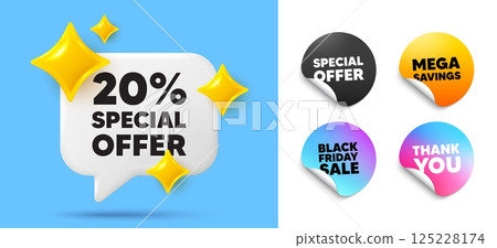 Discount speech bubble, sticker tags. Offer, Black friday stickers. 20 percent discount offer tag. Sale price promo sign. Special offer symbol. Thank you tag. 3d sparkle chat bubble. Vector Discount speech bubble, sticker tags. Offer, Black friday stickers. 20 percent discount offer tag. Sale price promo sign. Special offer symbol. Thank you tag. 3d sparkle chat bubble. Vector 125228174