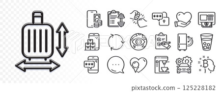 Baggage size, Bitcoin think and Atm line icons for web app. Glare of light effect. Message icon. Pack of Volunteer, Ice tea, Recycling pictogram icons. Vector 125228182