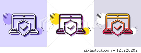 Laptop insurance hand line icon. Halftone dotted pattern. Gradient icon with grain shadow. Risk coverage sign. Notebook protection symbol. Line laptop insurance icon. Various designs. Vector 125228202