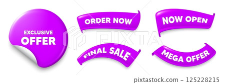 Exclusive offer purple sticker, Sale offer ribbons. Final sale, Order now. Exclusive offer tag. Sale price sign. Advertising discounts symbol. Sticker badge. Flag ribbon banners. Vector Exclusive offer purple sticker, Sale offer ribbons. Final sale, Order now. Exclusive offer tag. Sale price sign. Advertising discounts symbol. Sticker badge. Flag ribbon banners. Vector 125228215