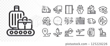 Delivery truck, Eco power and Delivery route line icons for web app. Glare of light effect. Message icon. Pack of Pin marker, Secret package, Baggage belt pictogram icons. Vector Delivery truck, Eco power and Delivery route line icons for web app. Glare of light effect. Message icon. Pack of Pin marker, Secret package, Baggage belt pictogram icons. Vector 125228226