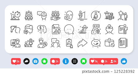 Biometric security, Timer and Pay line icons pack. Social media: share, comment, like icons. Business report, Face declined, Mental health web icon. Podcast, Fisherman, Star pictogram. Vector 125228392
