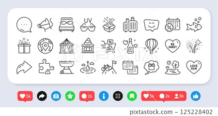 Smile face, Puzzle and Gift dream line icons pack. Social media: share, comment, like icons. Circus tent, Air balloon, Fireworks web icon. Pillows, Baggage, Special offer pictogram. Vector Smile face, Puzzle and Gift dream line icons pack. Social media: share, comment, like icons. Circus tent, Air balloon, Fireworks web icon. Pillows, Baggage, Special offer pictogram. Vector 125228402
