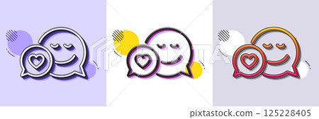 Comic speech bubble with Smile line icon. Halftone dotted pattern. Gradient icon with grain shadow. Chat emotion with heart sign. Line dating icon. Various designs. Vector 125228405