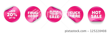 Discount sticker tag. Click here, Black friday paper price banners. Save up to 20 percent tag. Discount Sale offer price sign. Special offer symbol. Hot sale sticker. Promo banners. Vector Discount sticker tag. Click here, Black friday paper price banners. Save up to 20 percent tag. Discount Sale offer price sign. Special offer symbol. Hot sale sticker. Promo banners. Vector 125228408
