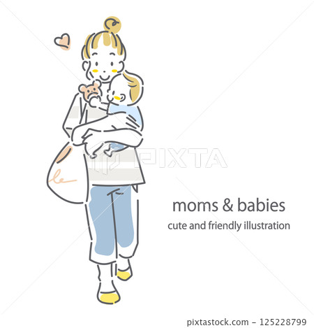 一位年輕的母親帶著她的孩子外出 — 時尚可愛的線條畫插圖 125228799