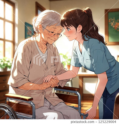 護理人員照顧患有失智症的老人的插圖 護理人員照顧患有失智症的老人的插圖 125229004