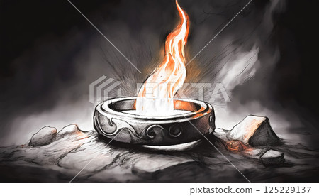 古老祭壇上燃燒的神秘火焰的插圖 125229137