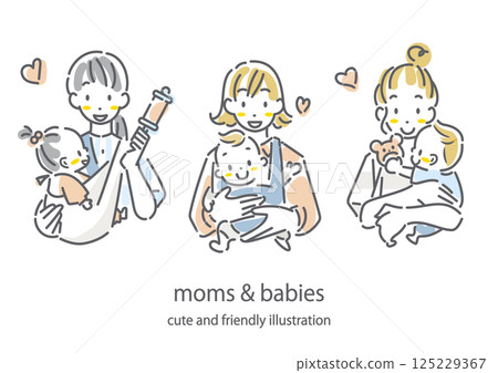 A young mother holding a baby - Stylish and cute hand-drawn line drawing illustration 125229367