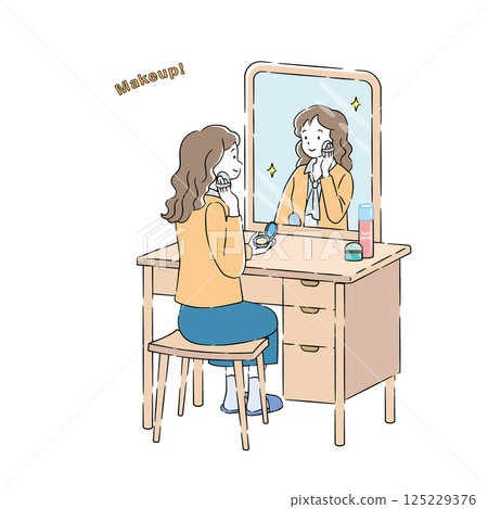 一位女士在鏡子前化妝的插圖 4C 一位女士在鏡子前化妝的插圖 4C 125229376