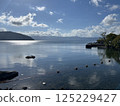 Beautiful morning scenery of a lake surrounded by tranquil blue skies 125229427