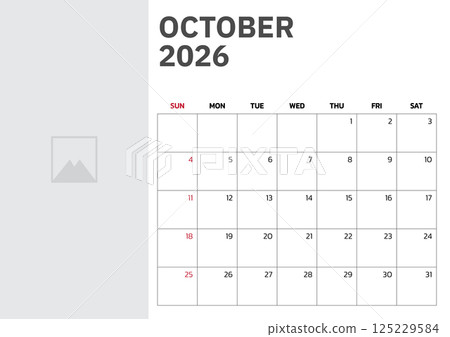 October 2026 Calendar. Week start on Sunday. Desk calendar 2026 design, simple and clean design, Wall calendar for print, digital calendar, Corporate design planner template vector. 125229584