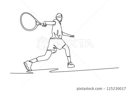 Continuous one line drawing back view of tennis player get ready to receive the ball from opponent. Sportsman playing defense with backhand concept. Single line draw design vector graphic illustration 125230017