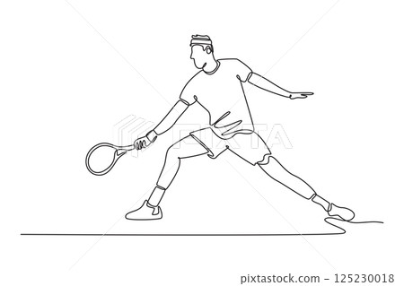 Continuous one line drawing male tennis player hitting the ball with forehand method. Sportsman practicing skills and techniques on outdoor field. Single line draw design vector graphic illustration 125230018