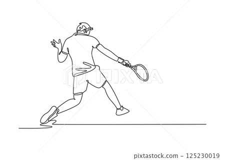 Continuous one line drawing back view tennis player get ready to receive the ball from opponent. Athlete are playing defense with backhand method. Single line draw design vector graphic illustration Continuous one line drawing back view tennis player get ready to receive the ball from opponent. Athlete are playing defense with backhand method. Single line draw design vector graphic illustration 125230019