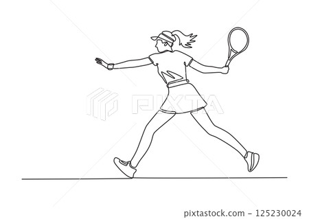 Single continuous line drawing professional female tennis player having a good game at an outdoor court. Perfect fit body, racket skills and focused. One line draw graphic design vector illustration 125230024