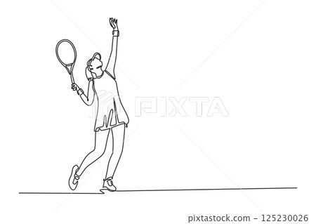 Single continuous line drawing female tennis player serves the ball with precision and power. She practicing skills and technique on national court arena. One line graphic design vector illustration Single continuous line drawing female tennis player serves the ball with precision and power. She practicing skills and technique on national court arena. One line graphic design vector illustration 125230026
