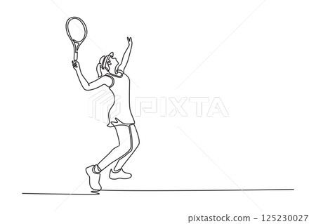 Single continuous line drawing back view of beautiful woman tennis player serves tennis ball on court with precision and power. Healthy sport activity. One line draw graphic design vector illustration 125230027