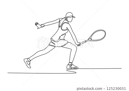 Single continuous line drawing beauty female tennis player get ready to receive the ball from opponent. Athlete playing defense with backhand method. One line draw graphic design vector illustration Single continuous line drawing beauty female tennis player get ready to receive the ball from opponent. Athlete playing defense with backhand method. One line draw graphic design vector illustration 125230031