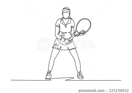 Single one line drawing tennis player woman, ready for game, training, exercise in development or focus. Sport expert, girl athlete with racket. Continuous line draw design graphic vector illustration Single one line drawing tennis player woman, ready for game, training, exercise in development or focus. Sport expert, girl athlete with racket. Continuous line draw design graphic vector illustration 125230032