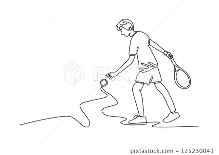 Continuous one line drawing professional tennis player ready to serves the ball with focus and concentration. Sportsman practicing on tennis court. Single line draw design vector graphic illustration 125230041