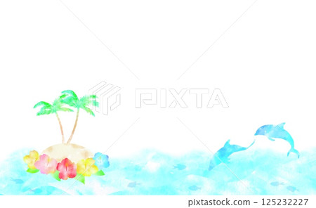 擁有南部島嶼和海豚的熱帶海洋框架。一幅水彩畫讓人想起了熱帶國家的旅程。 擁有南部島嶼和海豚的熱帶海洋框架。一幅水彩畫讓人想起了熱帶國家的旅程。 125232227
