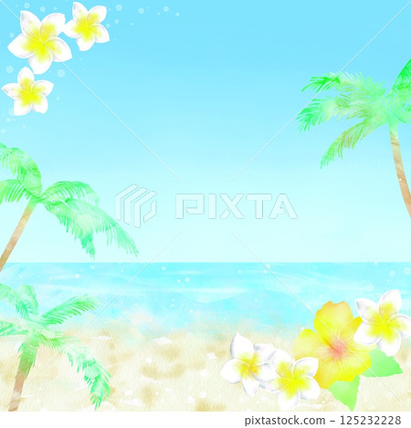 A frame decorated with hibiscus and plumeria on a tropical seascape. An illustration that evokes a refreshing summer trip. 125232228