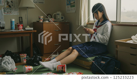 A high school girl operates her smartphone in a trash-strewn room at home 125233223