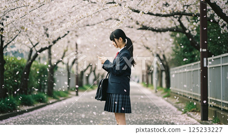高中女生在櫻花樹下操作智慧型手機 高中女生在櫻花樹下操作智慧型手機 125233227