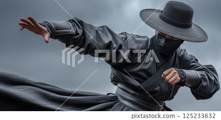 dynamic wuxia warrior in black attire strikes powerful pose under cloudy sky 125233632