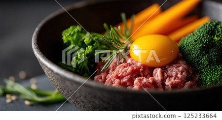 black bowl filled with raw ground meat, fresh carrots, broccoli, raw egg yolk, and rosemary 125233664
