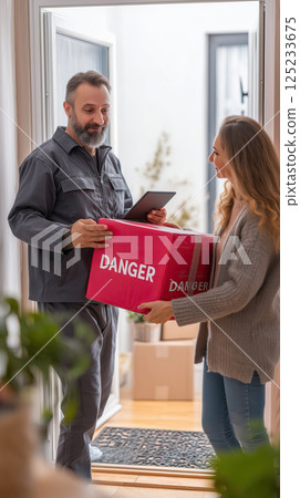friendly courier delivers red package labeled Danger to smiling woman at her doorstep 125233675