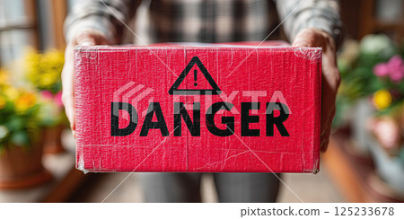 person holding red package labeled Danger with warning symbol, evoking caution 125233678