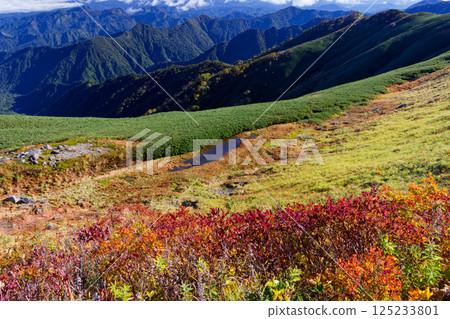 Autumn foliage and ponds along the main ridgeline of the Iide mountain range Autumn foliage and ponds along the main ridgeline of the Iide mountain range 125233801