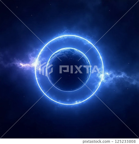 mysterious alien planet with glowing rings, dark space, minimal style, vibrant blue and violet mysterious alien planet with glowing rings, dark space, minimal style, vibrant blue and violet 125233808