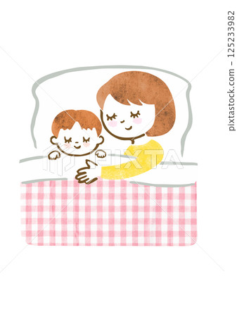 Hand-drawn illustration of a mother and her young son sleeping together 125233982