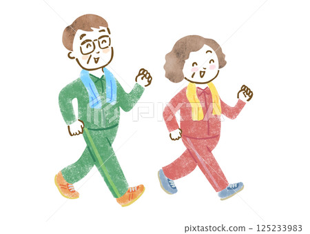 手繪插圖：一對老年夫婦面帶微笑地散步 125233983