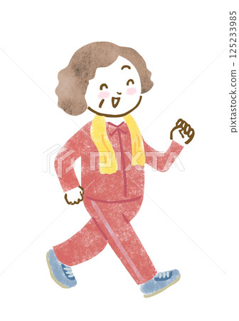 Hand-drawn illustration of a senior woman walking with a smile 125233985
