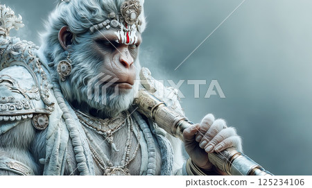 White Hanuman, monkey god, depicted in 3D render with intricate details and ethereal aura 125234106