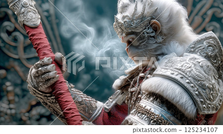 White Hanuman, monkey god, in intricate armor holding staff, exuding ethereal power 125234107